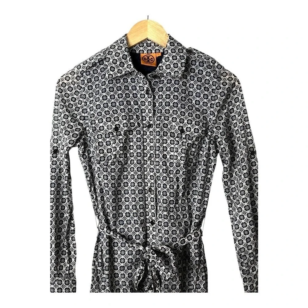 Tory Burch Cotton Shirt Dress Size 2 Geometric Print Roll Tab Sleeve Belted Mini